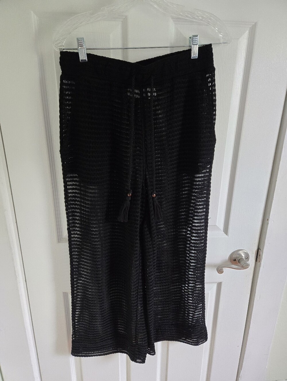 Women's Haut Hippie Black Crochet Beach Pants - Drawstring Waist Cover Up Size L